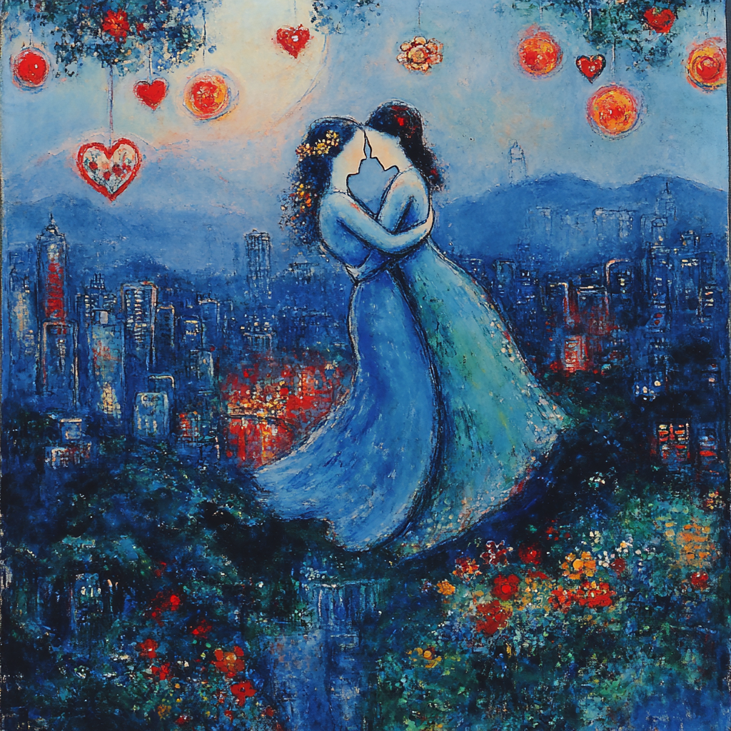 Marc Chagall Inspired Dreamy Lovers Over Cityscape paint by number