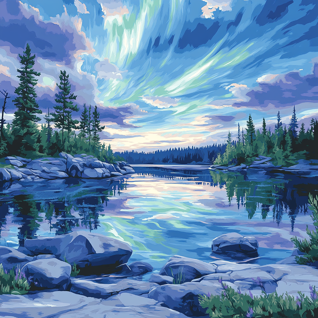 Franklin Carmichael Inspired Northern Lake Beneath Aurora Skies Number painting