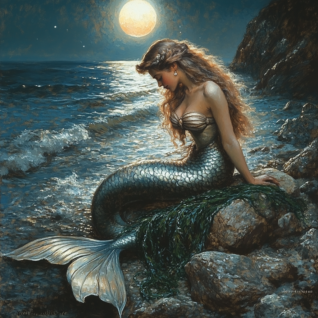 John William Waterhouse Inspired Mermaid By Moonlight Number painting