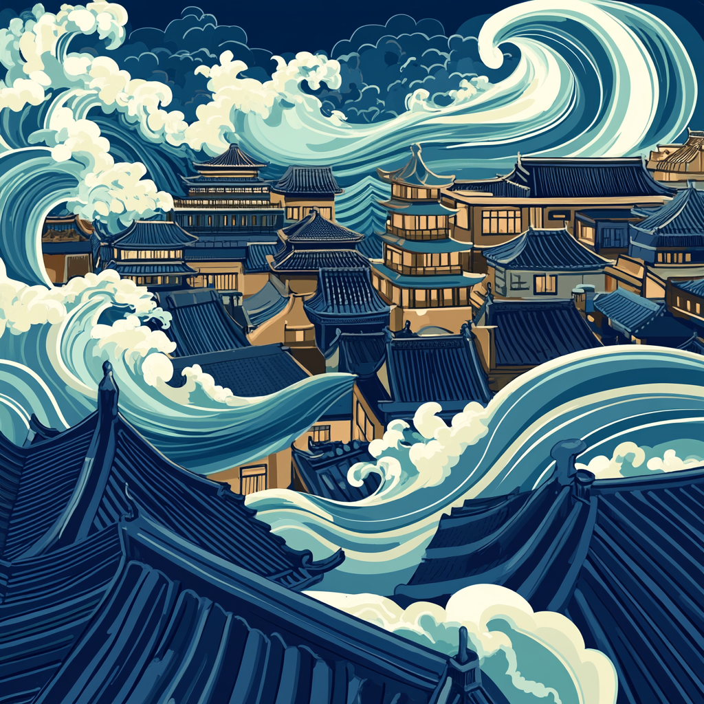Hokusai Inspired Ocean Wave Cityscape painting number kit