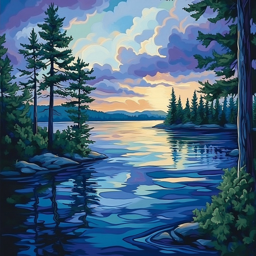 J. E. H. MacDonald Inspired Pine Trees Framing Northern Lake painting number kit