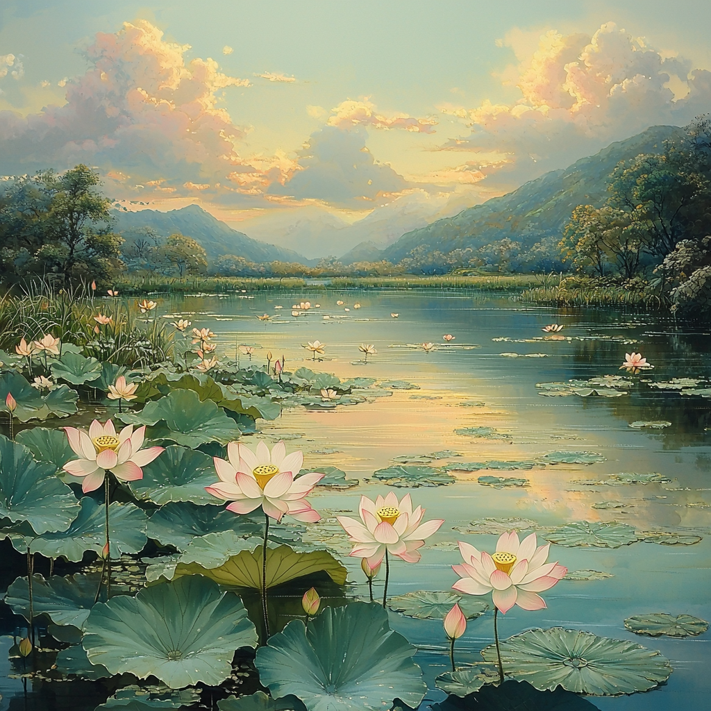 Utagawa Hiroshige Inspired Lotus Bloom Under Soft Skies Painting Number Kit