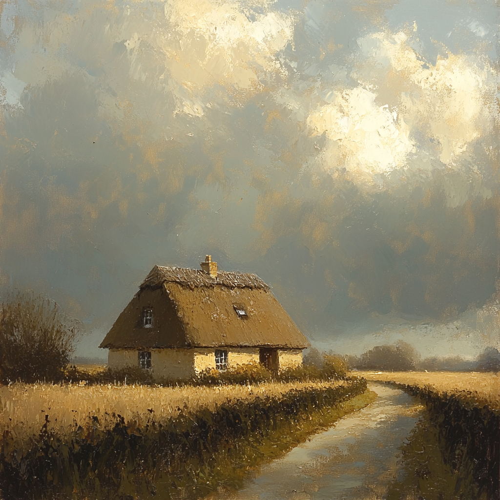 Rembrandt Inspired Thatched Cottage Under Brooding Sky Paint by numbers art