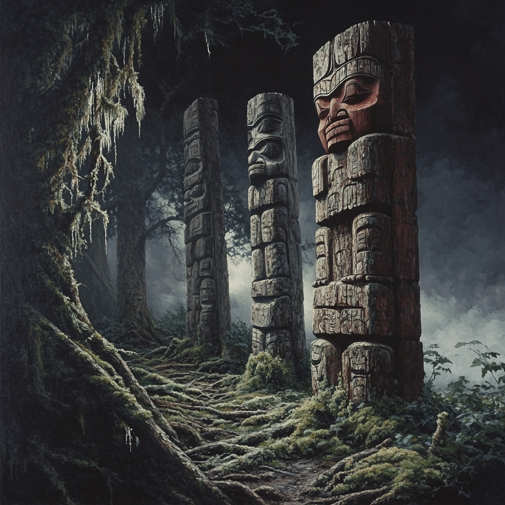 Emily Carr Inspired Totem Poles Embraced By Moss DIY paint by numbers