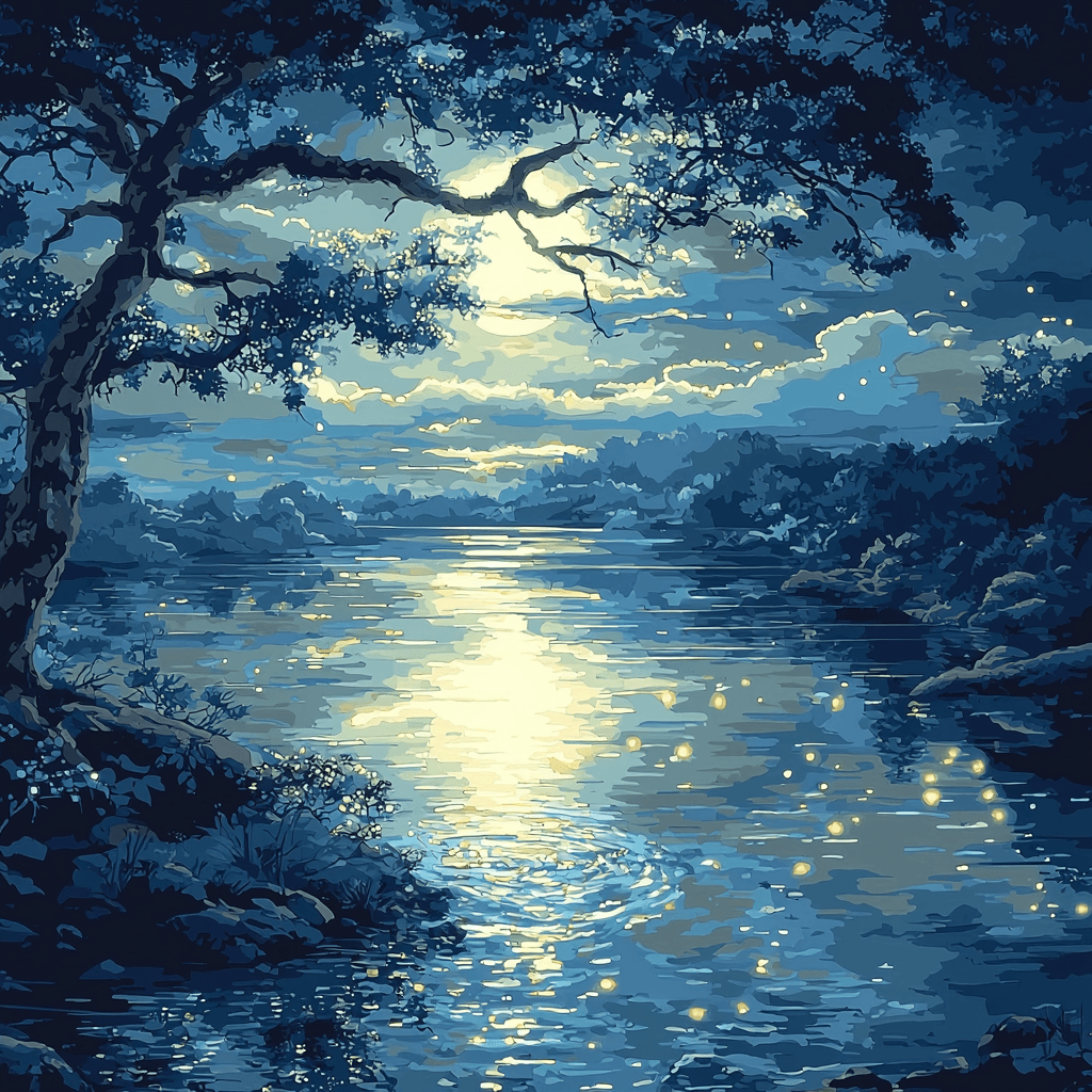 Hiroshige Inspired Reflections Of The Moonlit River Number Painting