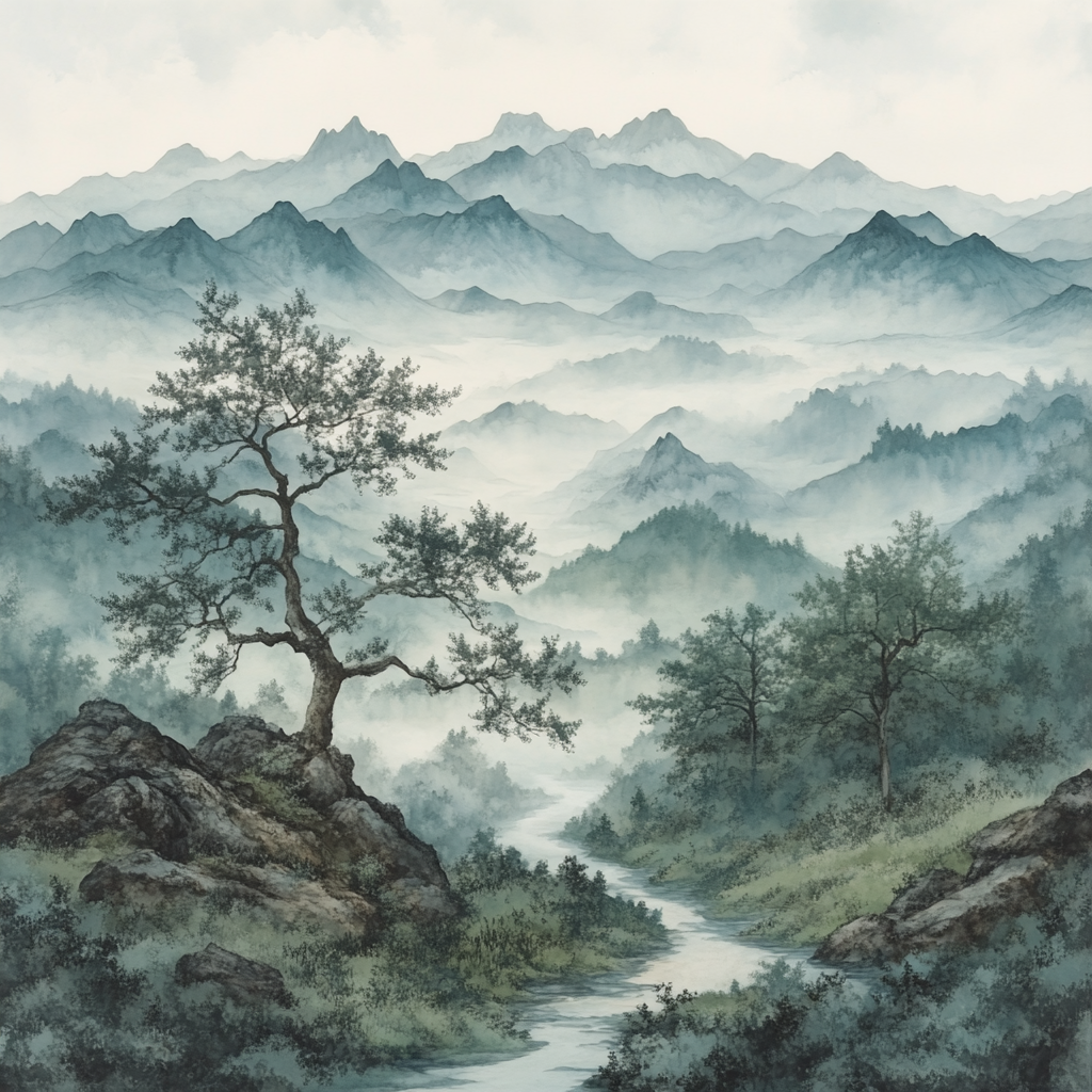 Zhao Mengfu Inspired Misty Mountain Reflection paint by color