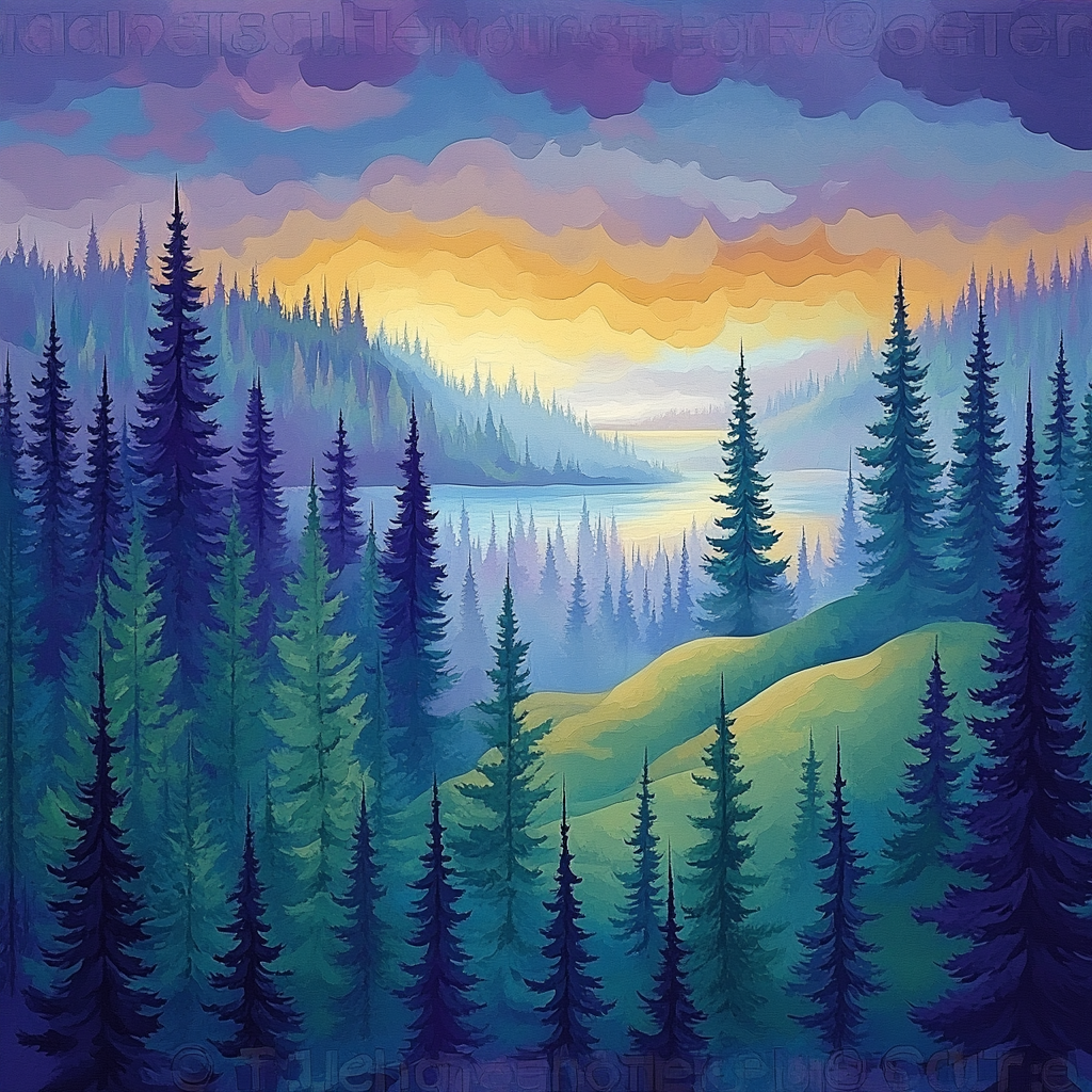 J E H MacDonald Inspired Evening Mist Over Algoma Pines Number painting