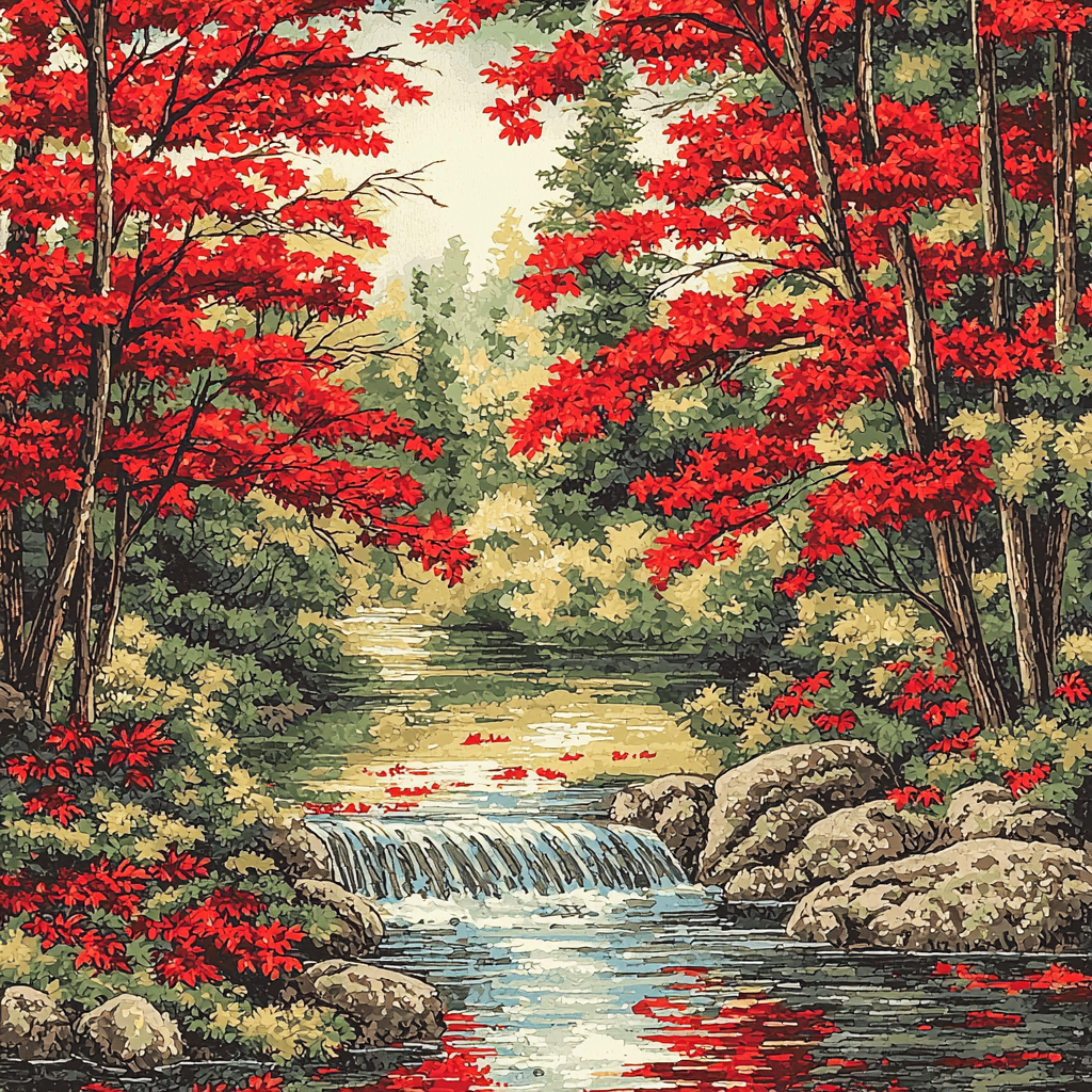 Utagawa Hiroshige Inspired Serenity Of The Crimson Maples Number Painting