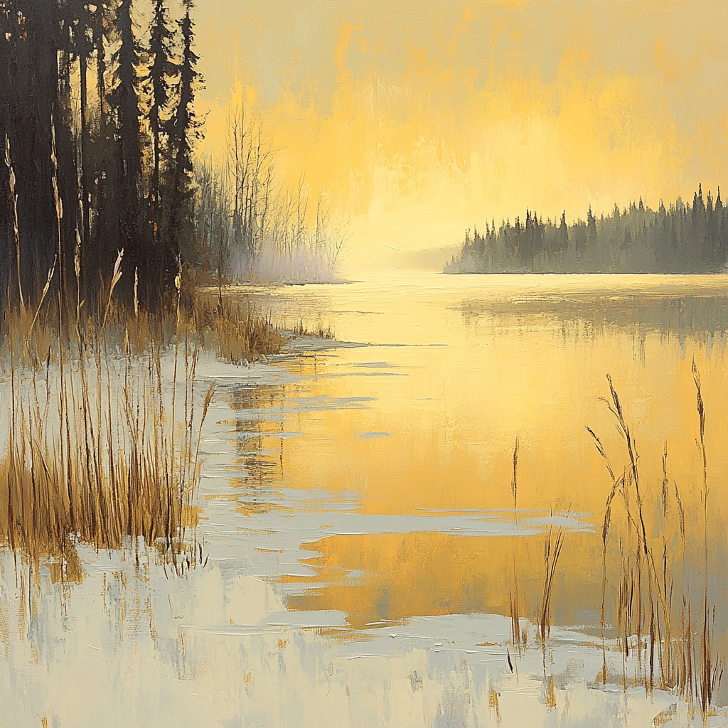 Frederick Varley Inspired Golden Twilight Over Frosted Lakeshore paint by color