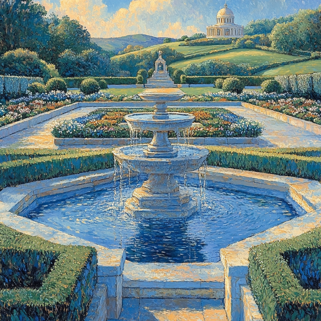 Raphael Inspired Tranquil Renaissance Garden With Classical Fountain paint by number