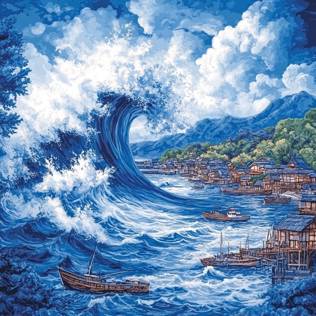 Hokusai Inspired Great Wave At Distant Harbor Paint by numbers kits