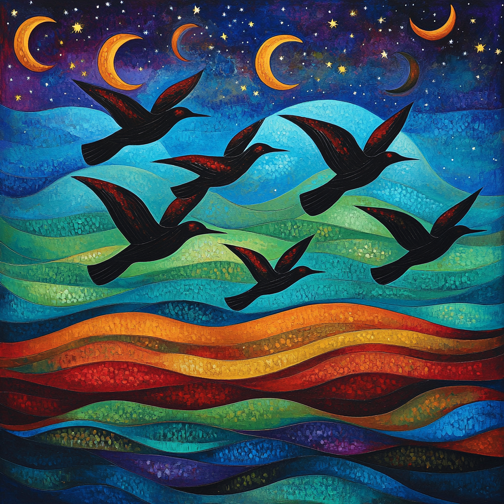 Norval Morrisseau Inspired Northern Sky Songbirds And Moon Lines Paint by numbers kits