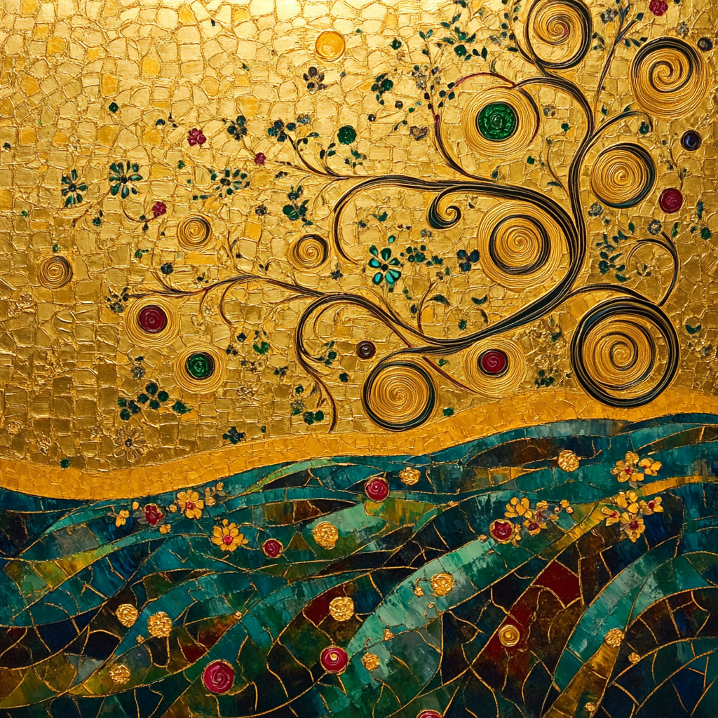 Gustav Klimt Inspired Golden Spiral Meadow paint by color