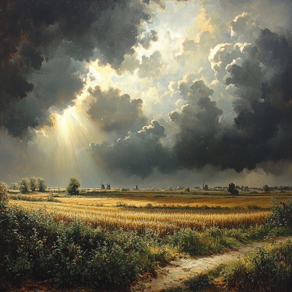 Rembrandt Inspired Storm Clouds Over Rustic Dutch Farmland DIY paint by numbers