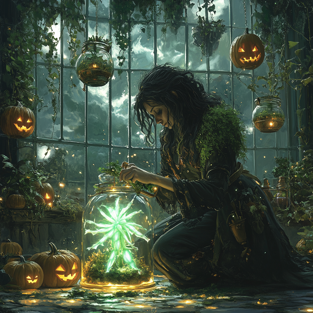 Spooky Witch Botanist In Midnight Greenhouse Paint by numbers kits