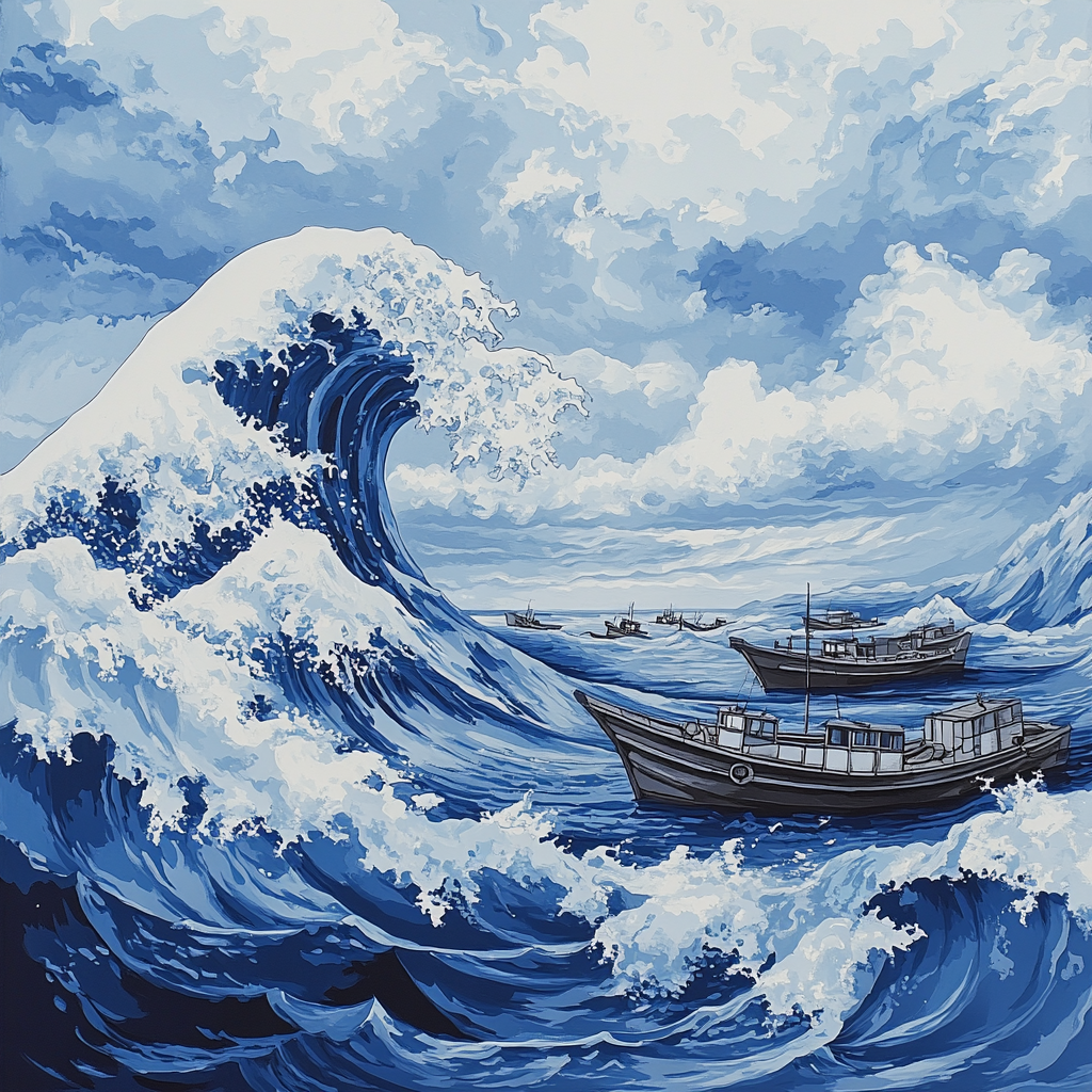 Hokusai Inspired Great Wave And Fishing Boats painting number kit