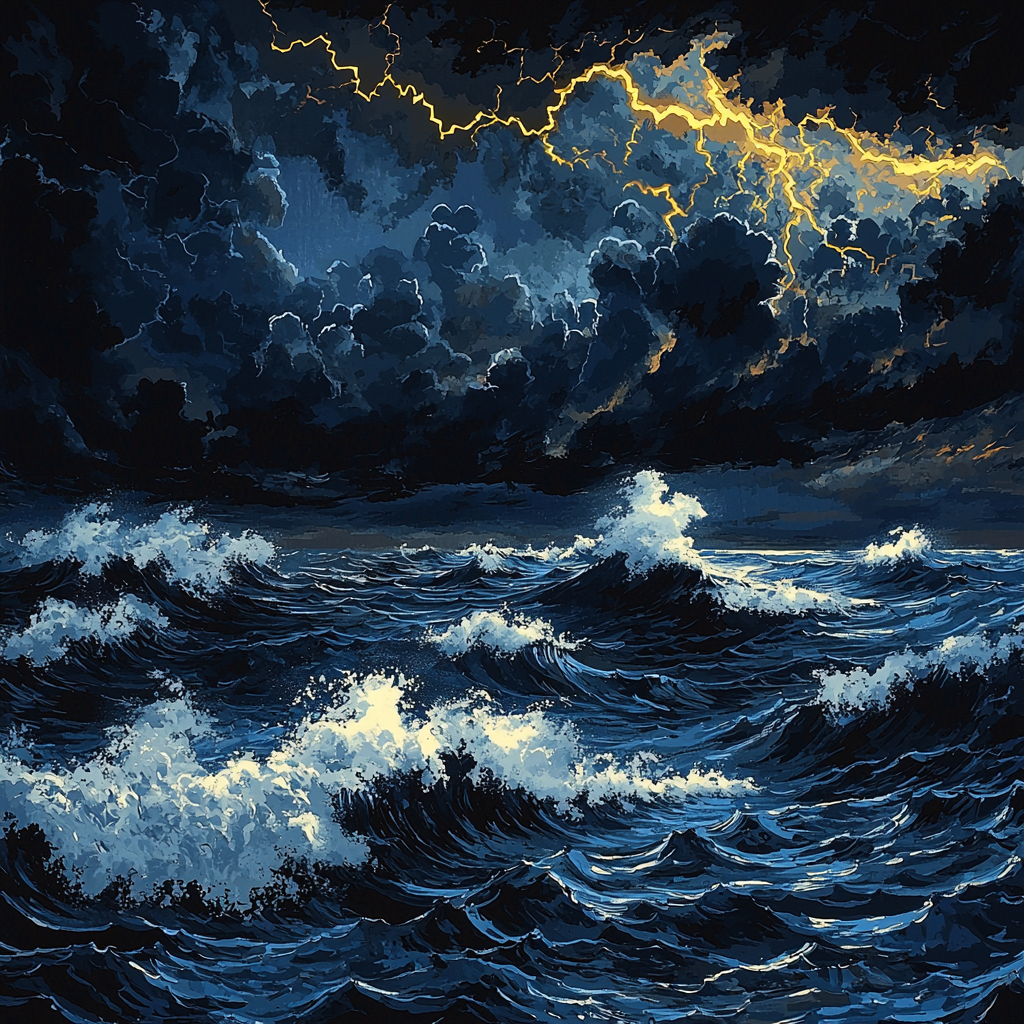 Hokusai Inspired Thunderstorm Over Ocean Waves Numbered painting kits