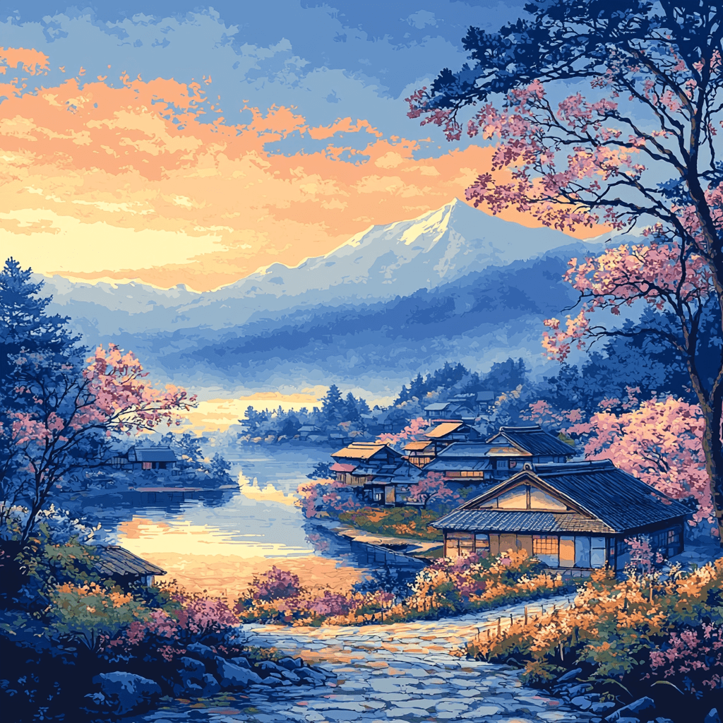 Katsushika Hokusai Inspired Hokusai's Tranquil Village Numbered Painting Kits