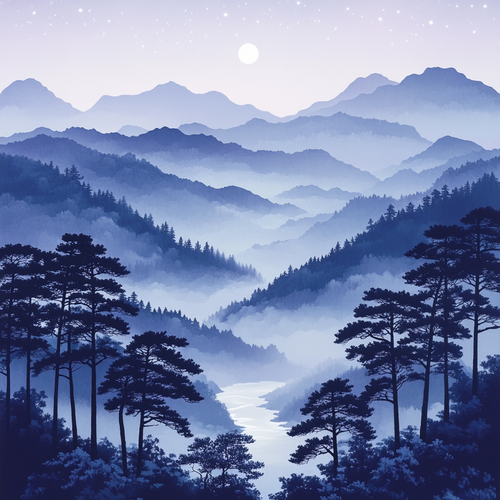 Hiroshige Inspired Moonlit Pine Valley Paint by numbers art