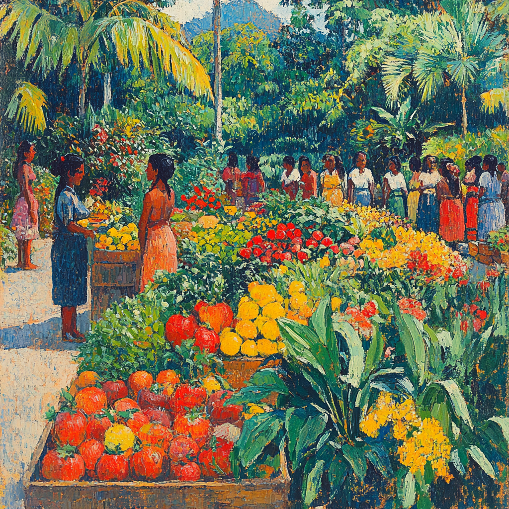 Paul Gauguin Inspired Tropical Market Scene paint by color