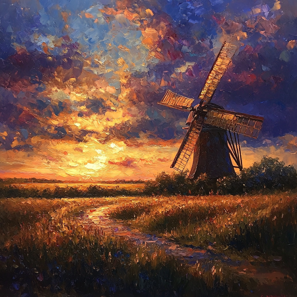 Rembrandt Inspired Twilight Glow Behind Windmill Paint by numbers art