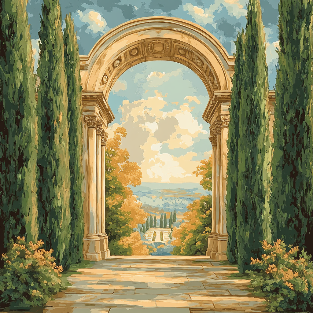 Raphael Inspired Classical Archway Framed By Verdant Cypress Trees Paint by numbers kits