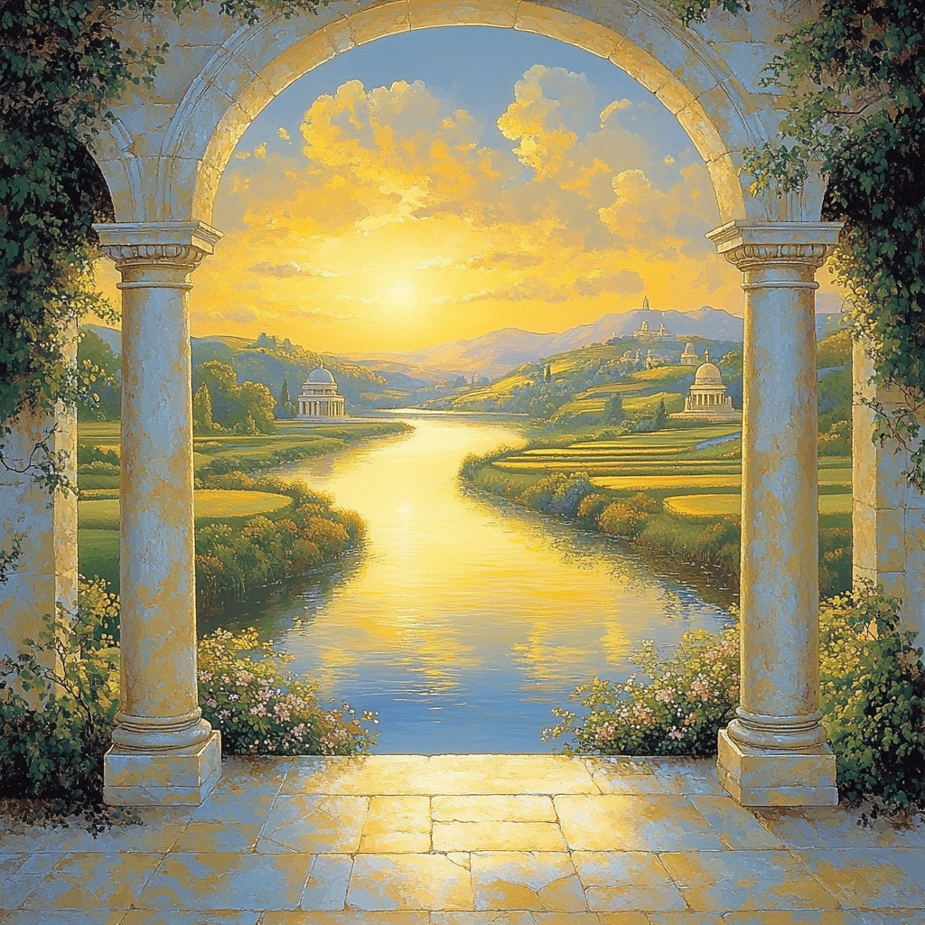 Raphael Inspired Golden Archway Over Serene River painting number kit