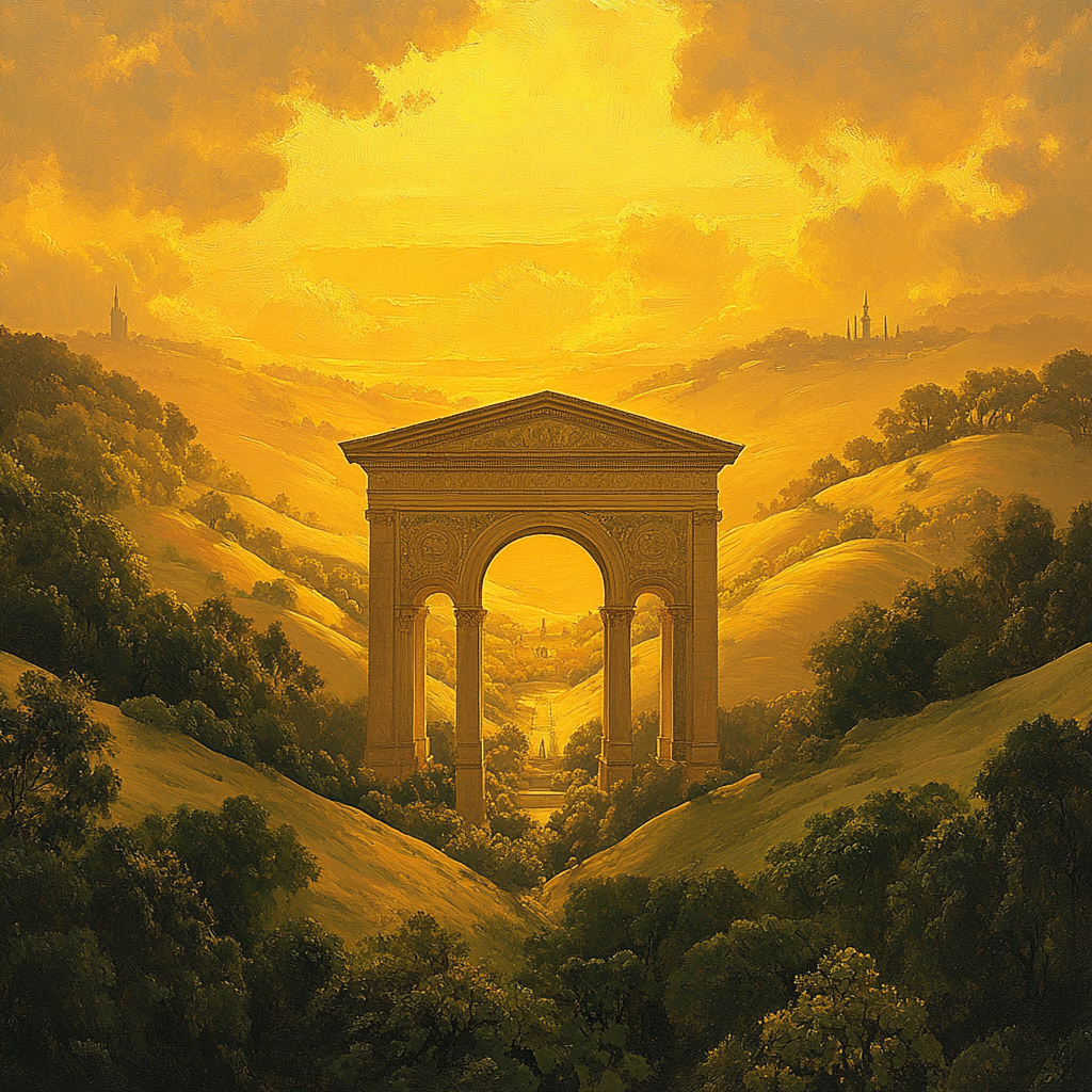 Raphael Inspired Golden Hour Classical Archway With Rolling Hills paint by number