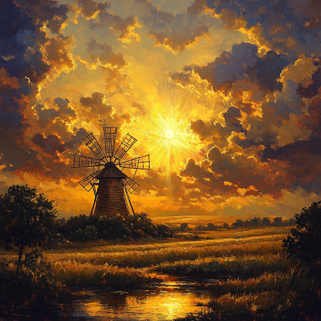 Rembrandt Inspired Radiant Sunset Behind Rustic Windmill DIY paint by numbers