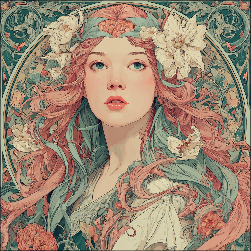Alphonse Mucha Inspired Floral Hairstyle DIY paint by numbers