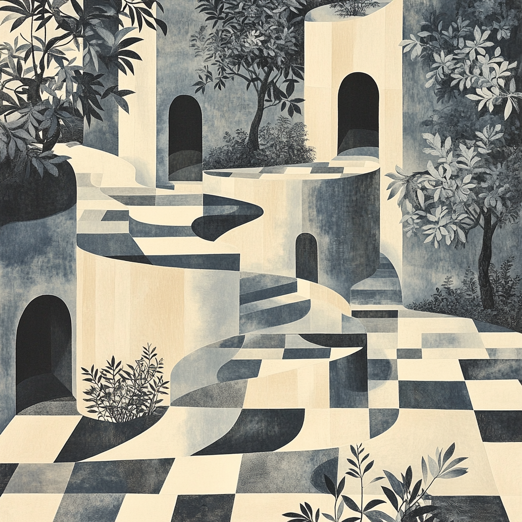 M.C. Escher Inspired Endless Stairway Garden Number painting