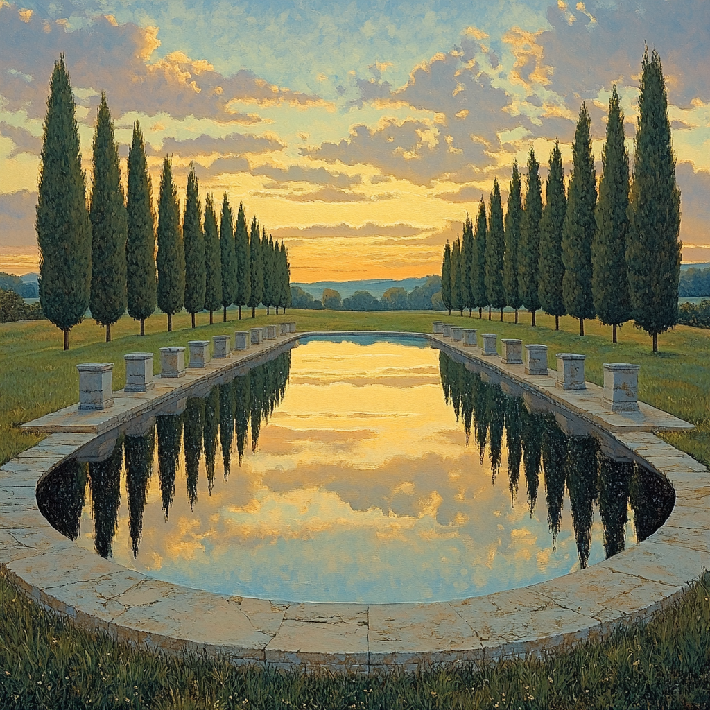 Raphael Inspired Symmetrical Meadow With Reflective Pool paint by color