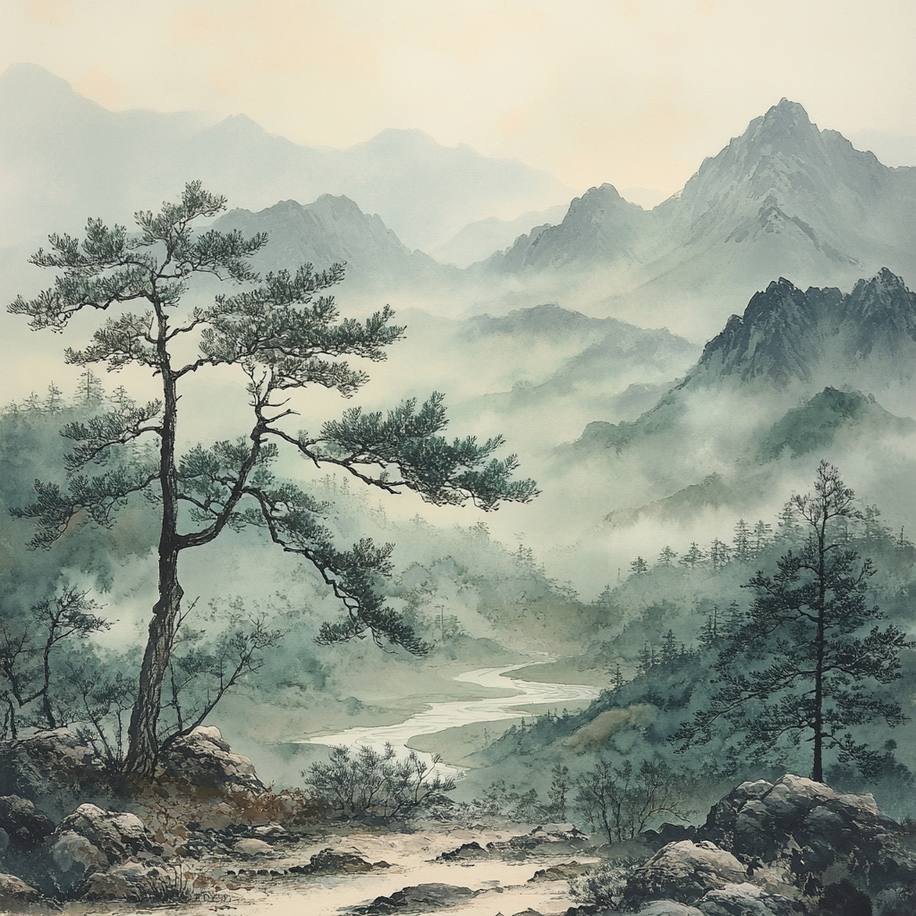 Zhao Mengfu Inspired Misty Mountain Echoes paint by number