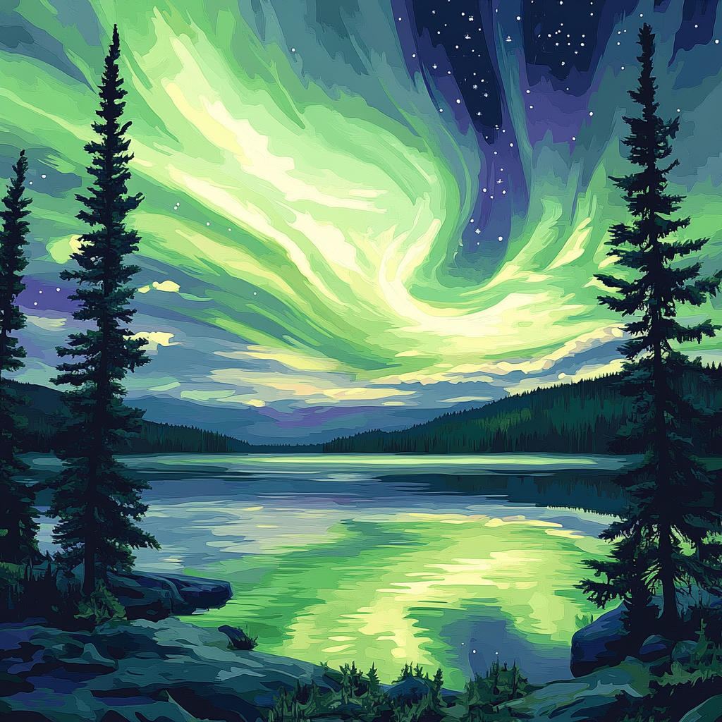 Lawren Harris Inspired Aurora Above Silent Boreal Lake paint by number