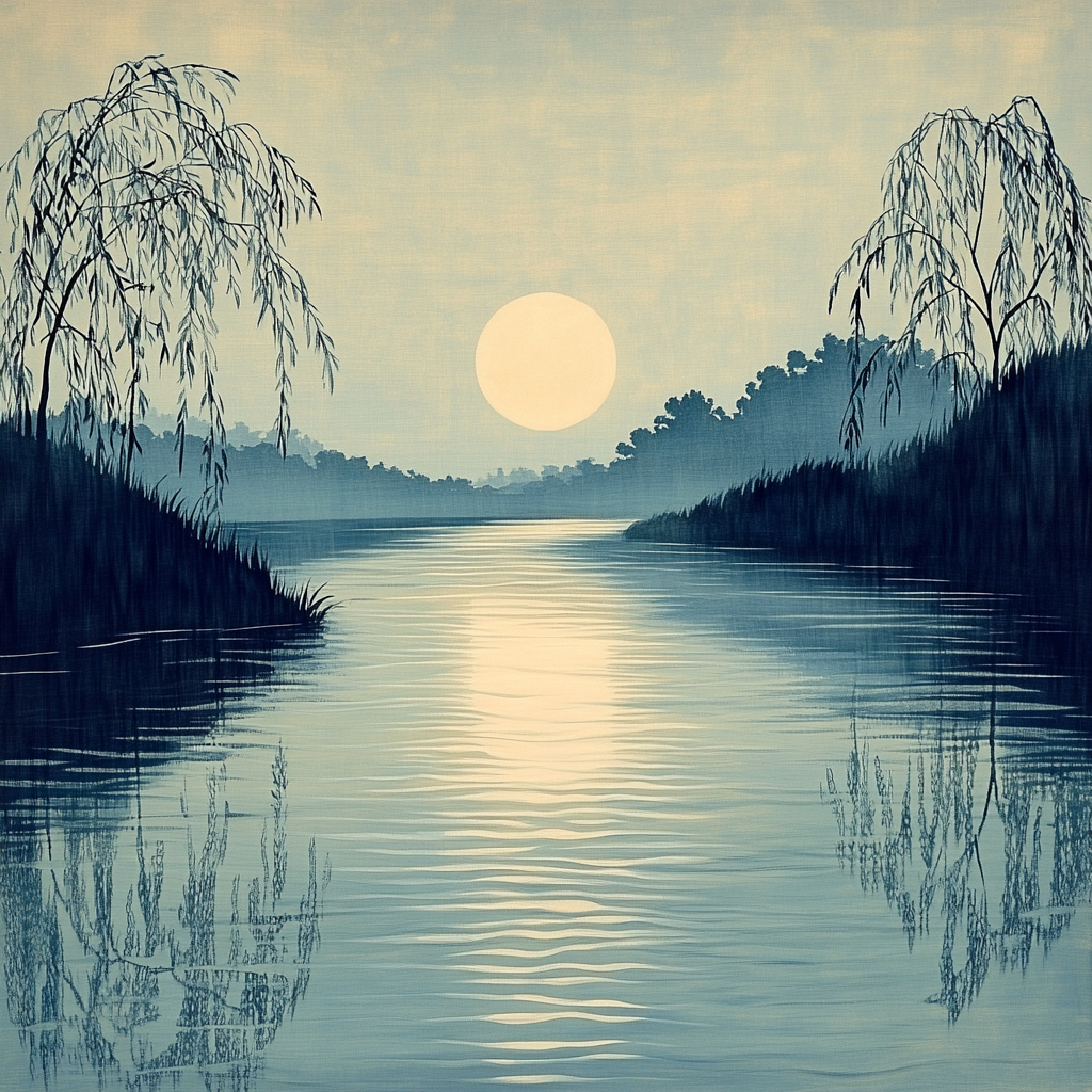 Hiroshige Inspired Moonlit River Willows Numbered painting kits