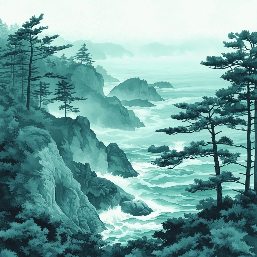 Hiroshige Inspired Misty Pine Coast Number painting