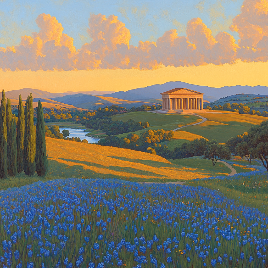 Raphael Inspired Serene Rolling Hills With Distant Temple paint by color