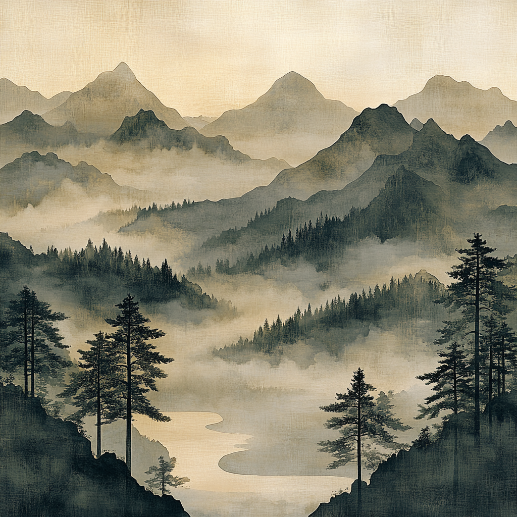 Zhao Mengfu Inspired Misty Mountain Scroll Paint by numbers art