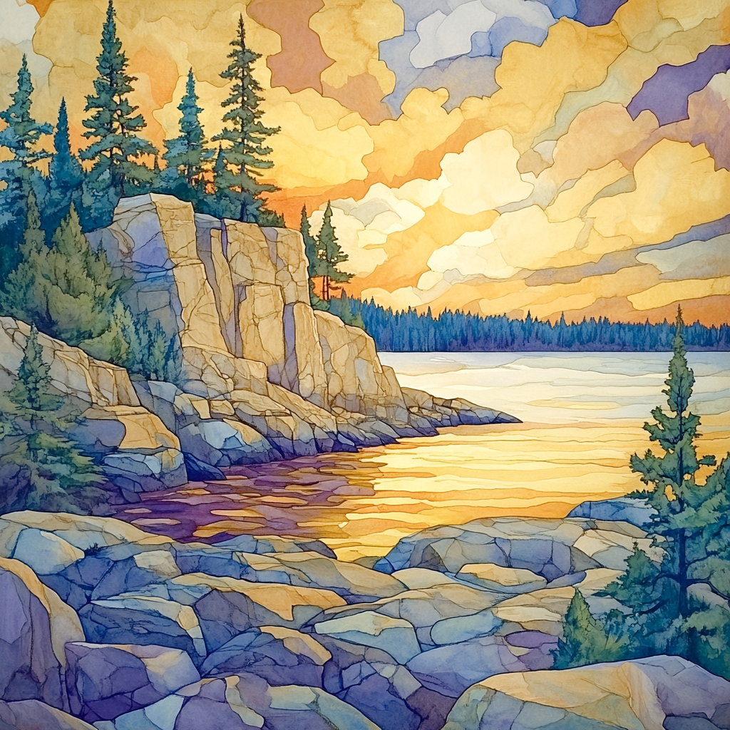 Franklin Carmichael Inspired Golden Sunset Over Granite Cliffs Painting by numbers kit