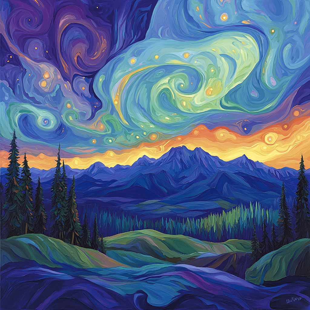 Frederick Varley Inspired Whispering Aurora Over Mountain Ridge paint by color
