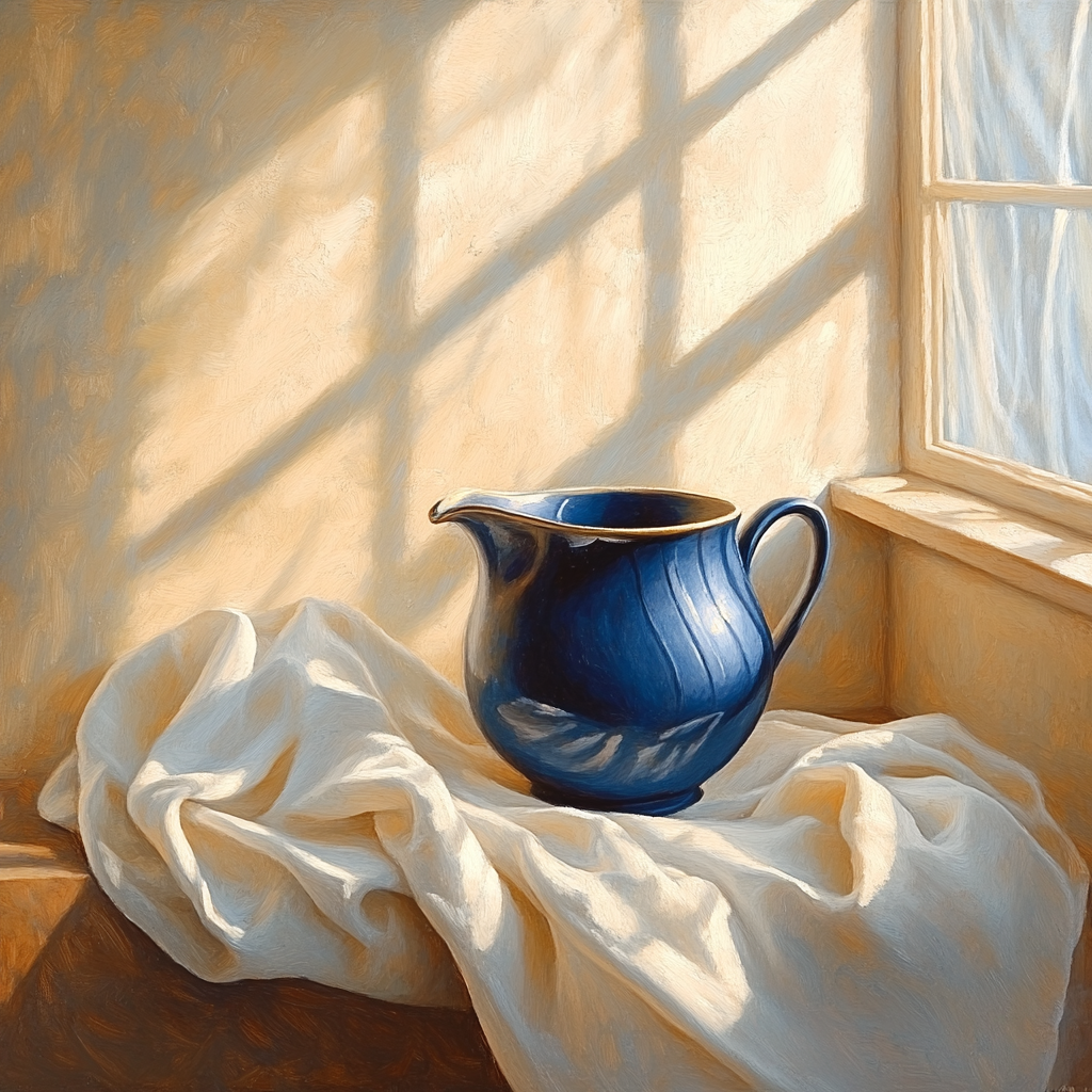 Johannes Vermeer Inspired Blue Ceramic Pitcher On Draped Linen paint by color