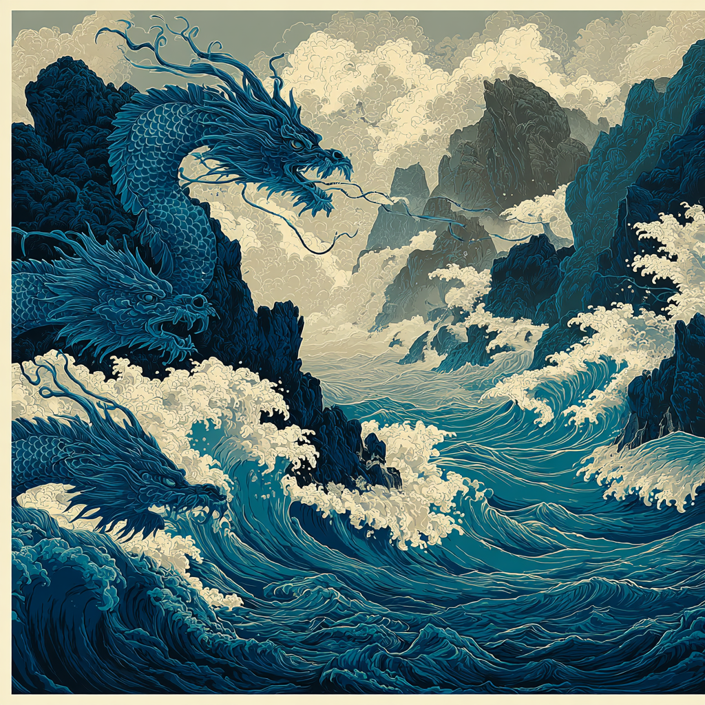 Hokusai Inspired Stormy Sea With Dragons Number painting