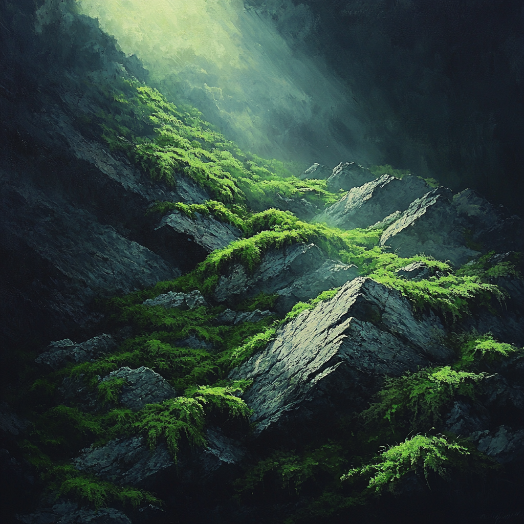 Caravaggio Inspired Shadowed Stone And Moss paint by color