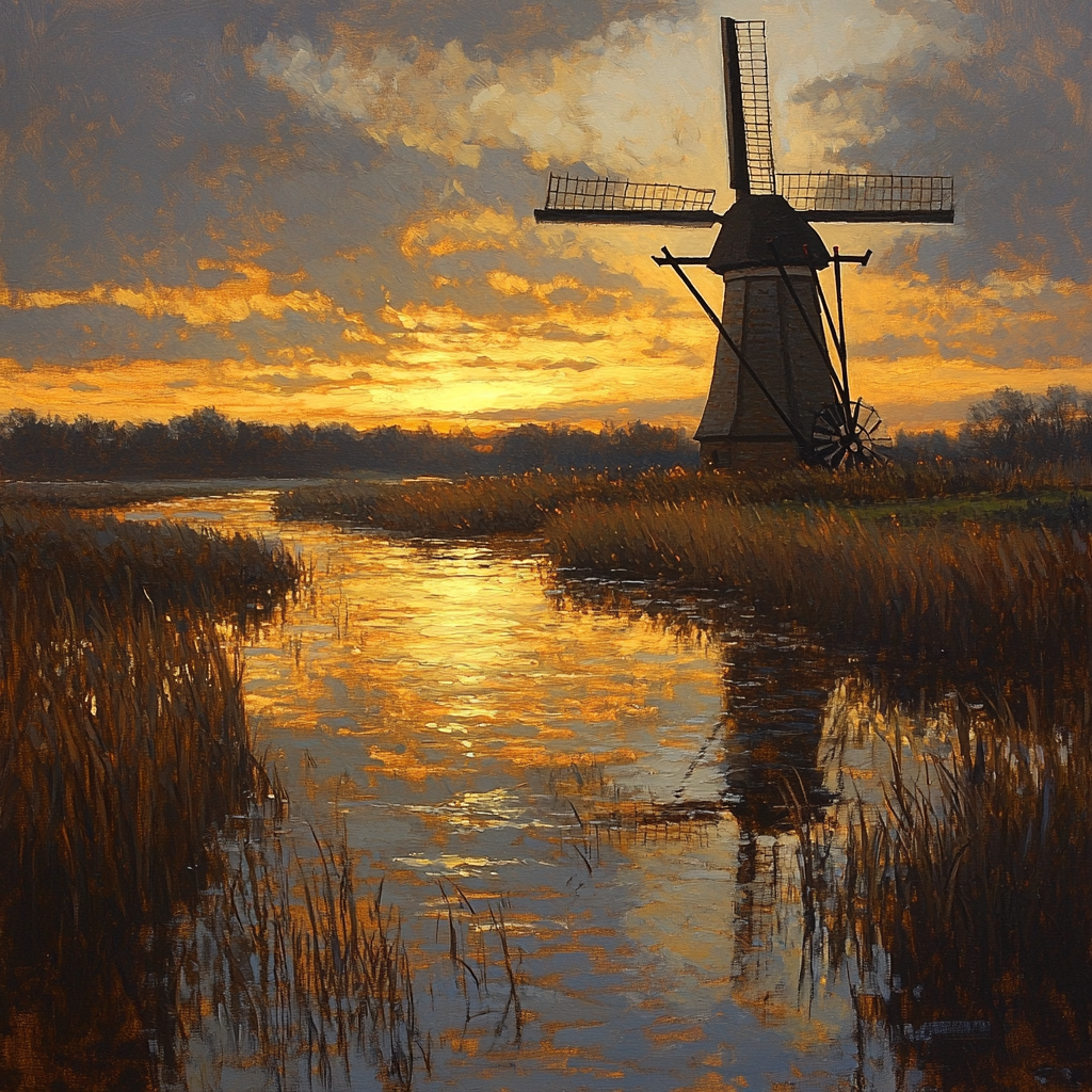 Rembrandt Inspired Twilight Windmill Over Floodplain paint by color