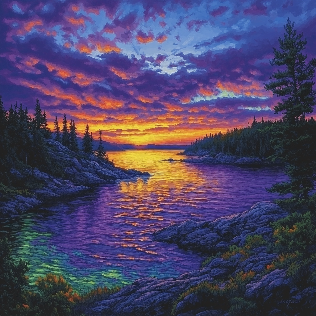 Frederick Varley Inspired Twilight Silhouettes Over Northern Lake Painting by numbers kit