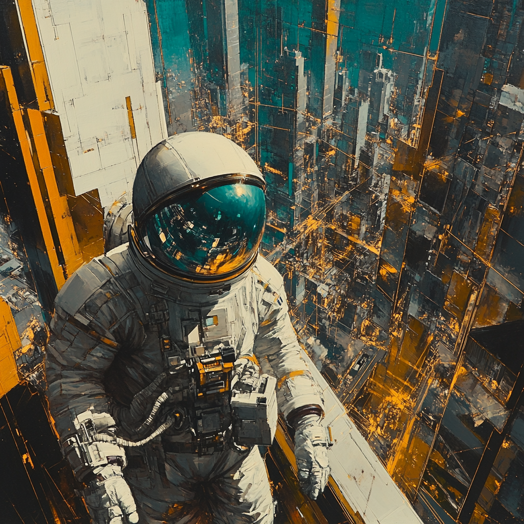 Picasso Inspired Cubist Astronauts In Futuristic City paint by color