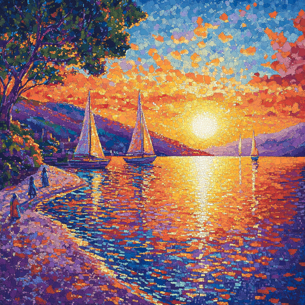 Seurat Inspired Sunset Pointillist Bay Number painting