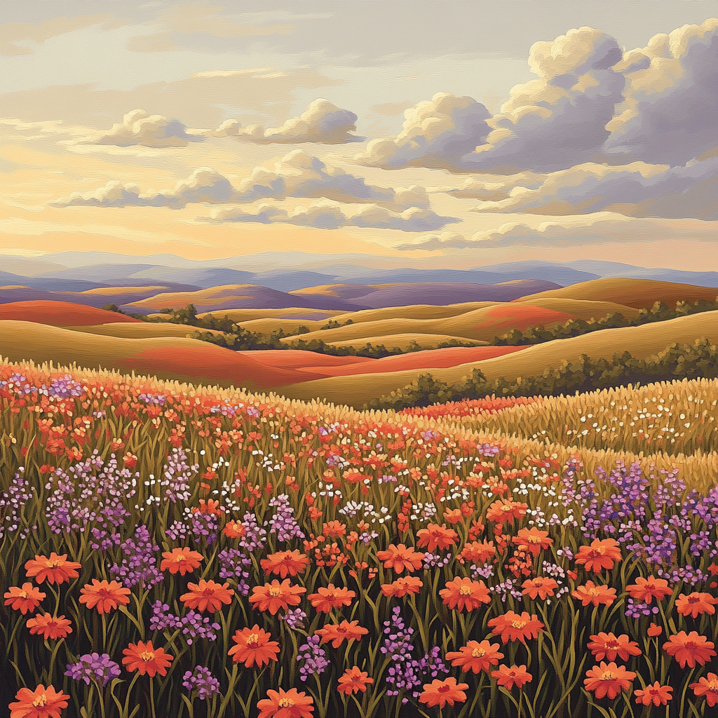 J. E. H. MacDonald Inspired Meadow Of Wildflowers And Layered Clouds Number painting