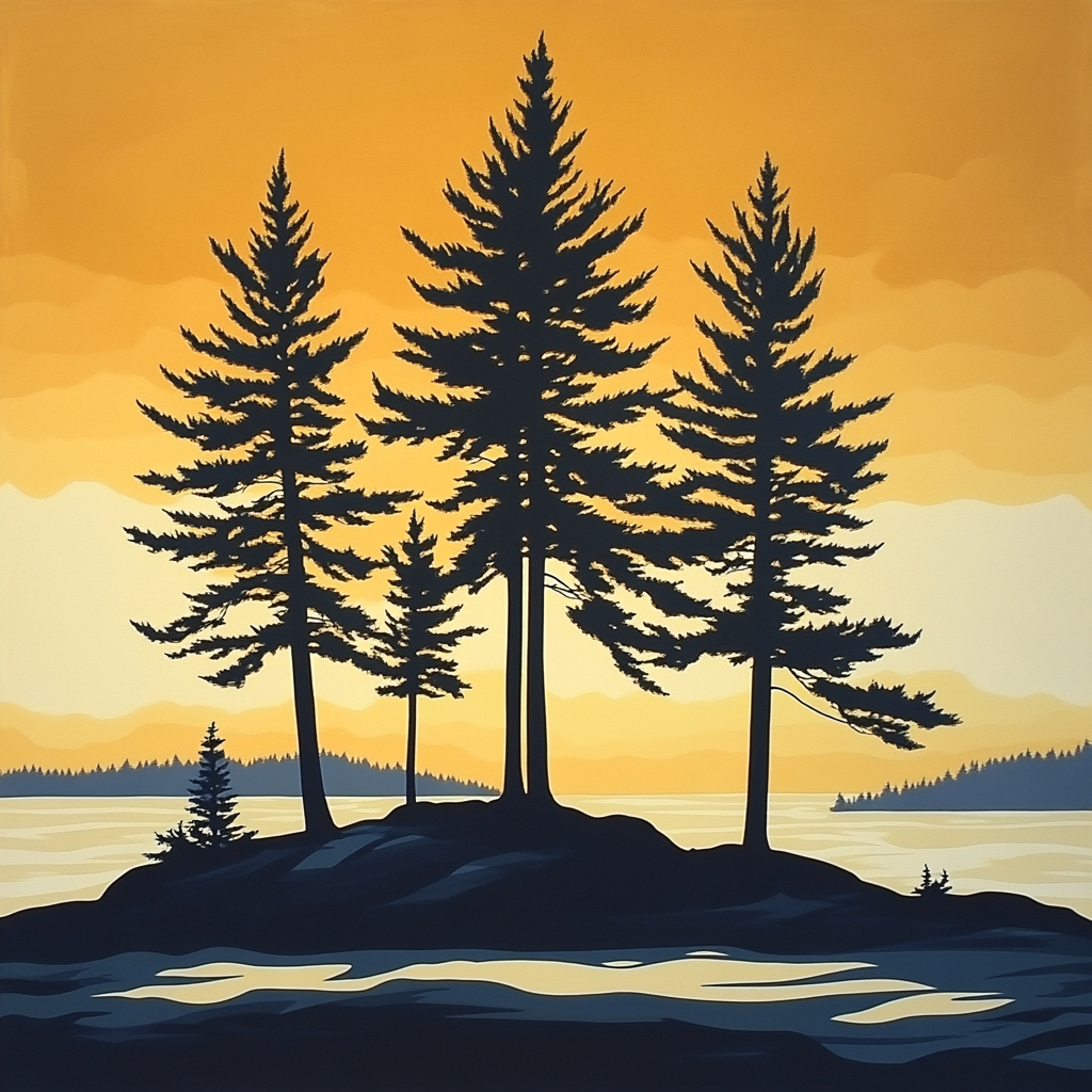Lawren Harris Inspired Stark Pine Silhouettes Against Radiant Horizon paint by numbers