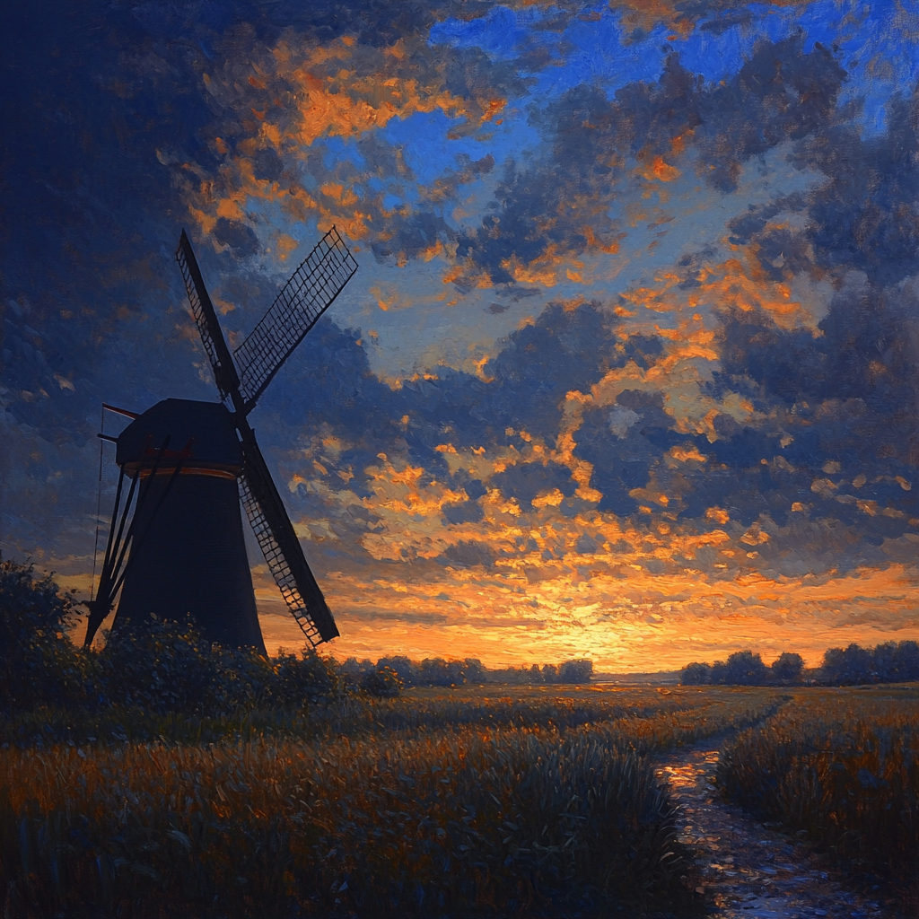 Rembrandt Inspired Windmill At Twilight Gloam paint by color
